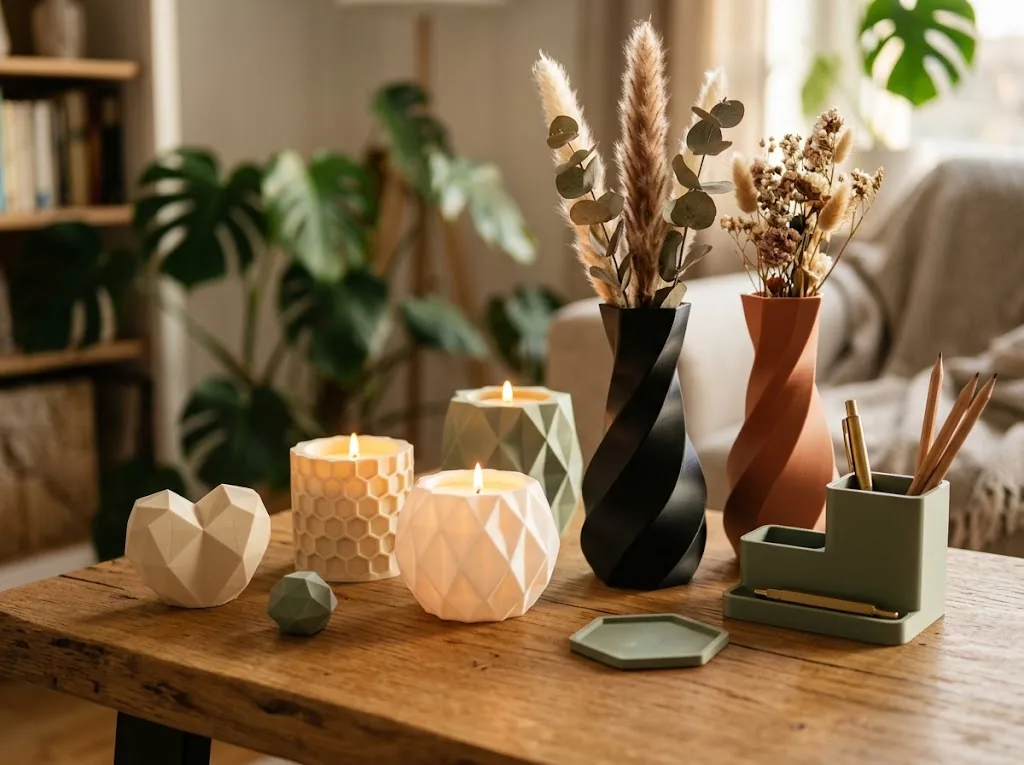 3D-gedruckte Teelichter und Vasen mit geometrischen Mustern als Deko und Geschenkideen