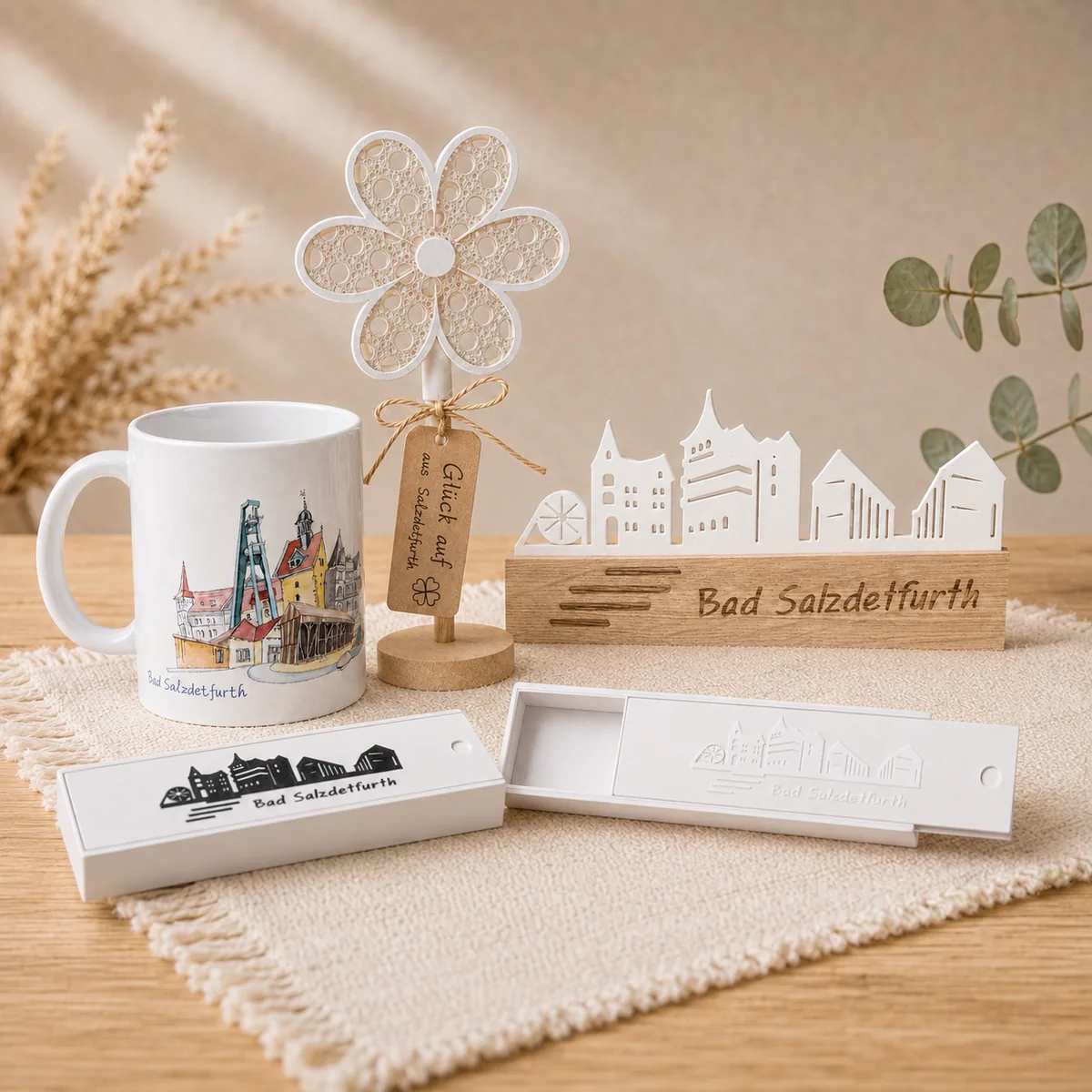 Bad Salzdetfurth Souvenir-Kollektion mit Tasse, Skyline-Aufsteller, 3D-Blume und Geschenkboxen