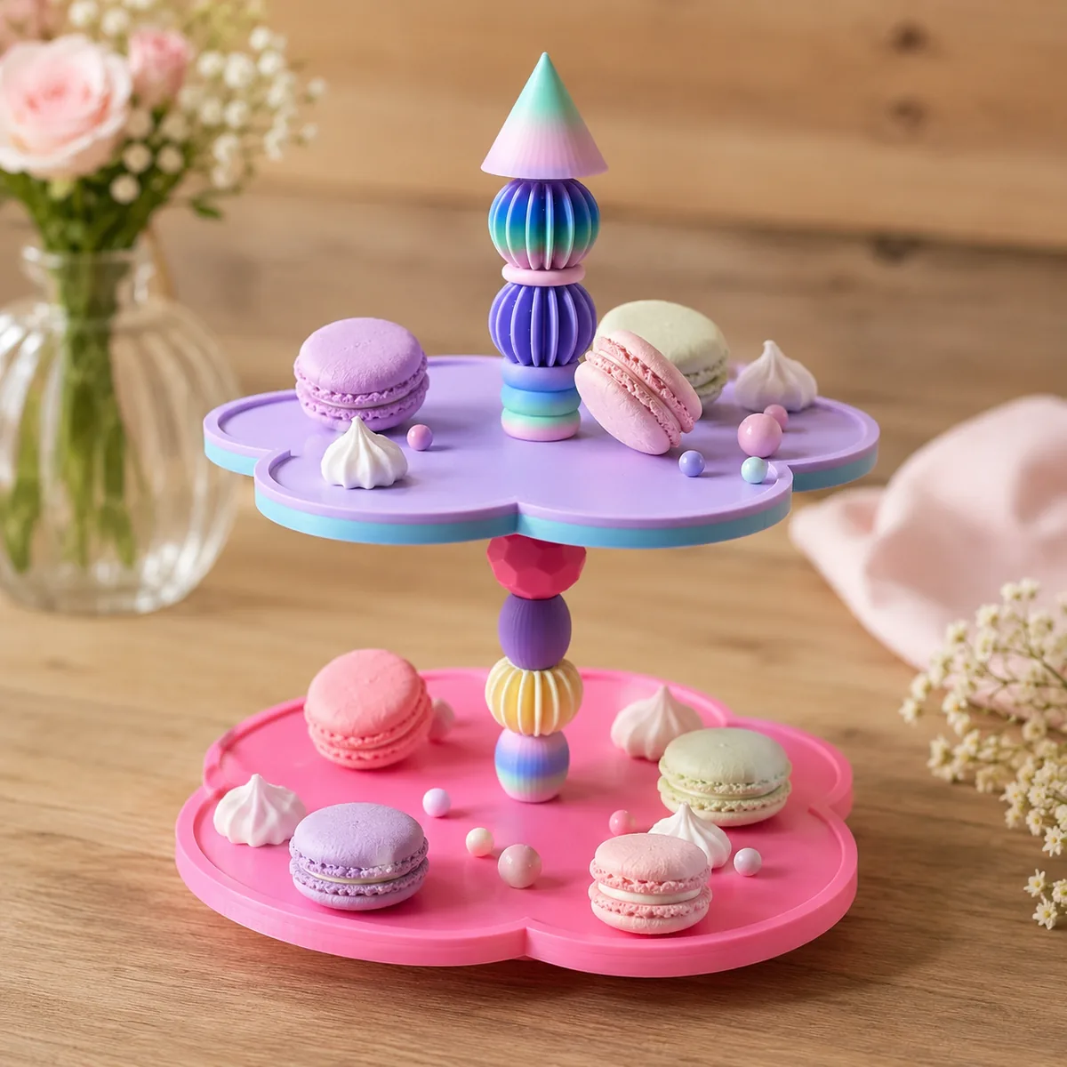 Zweistöckige Etagere in Blütenform Pink und Lila