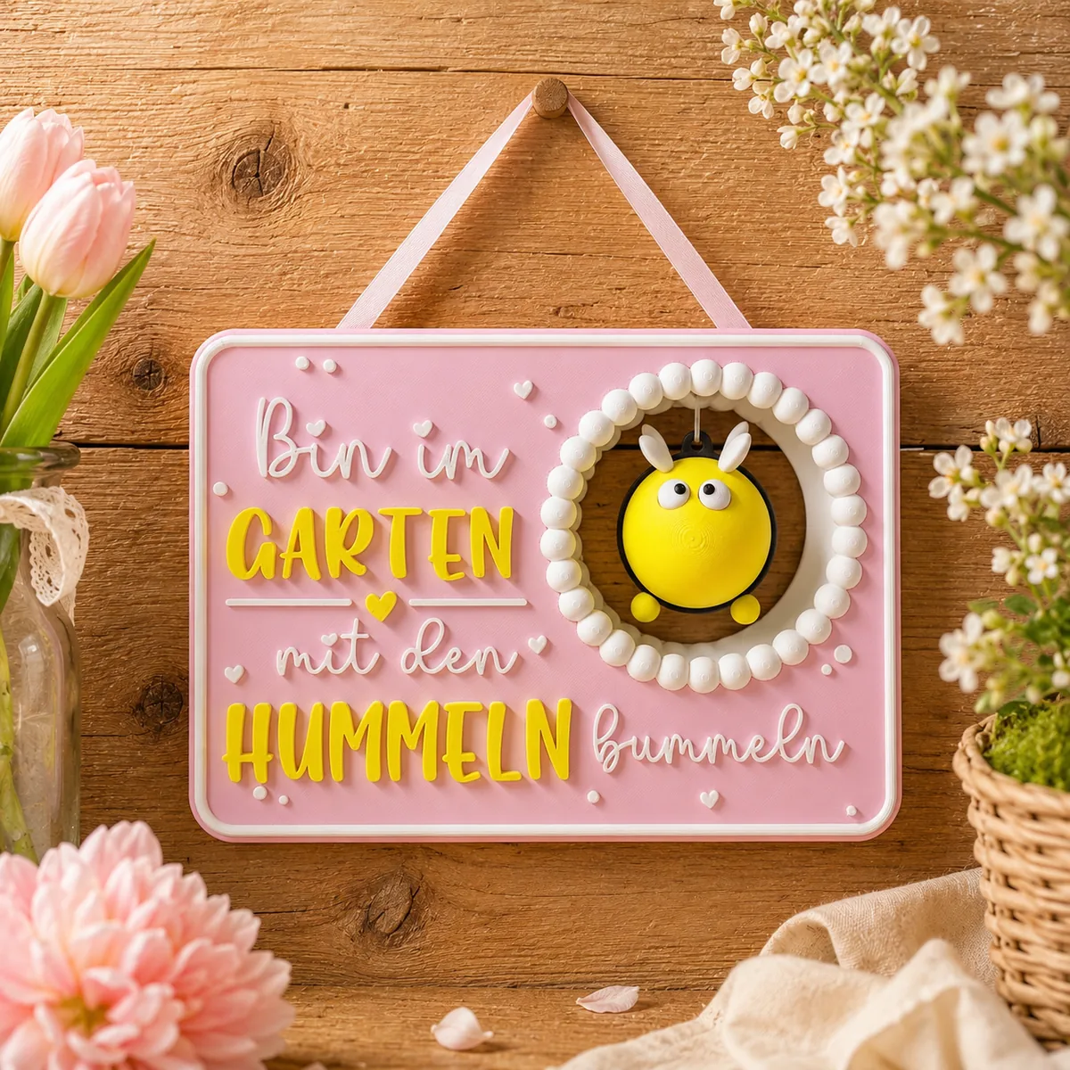 Rosa 3D-gedrucktes Gartenschild Bin im Garten mit den Hummeln bummeln mit Hummel-Figur