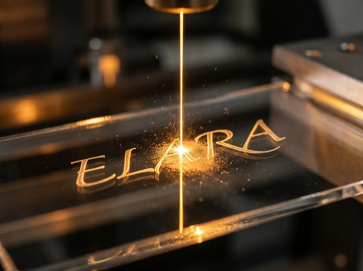 Nahaufnahme einer Lasergravur auf Glas bei LD Manufaktur