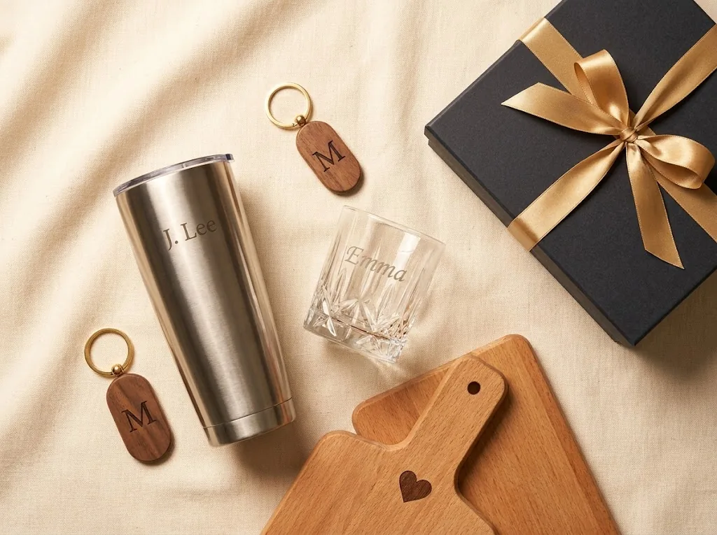 Personalisierte Geschenke: gravierter Tumbler, Gläser und Schlüsselanhänger von LD Manufaktur
