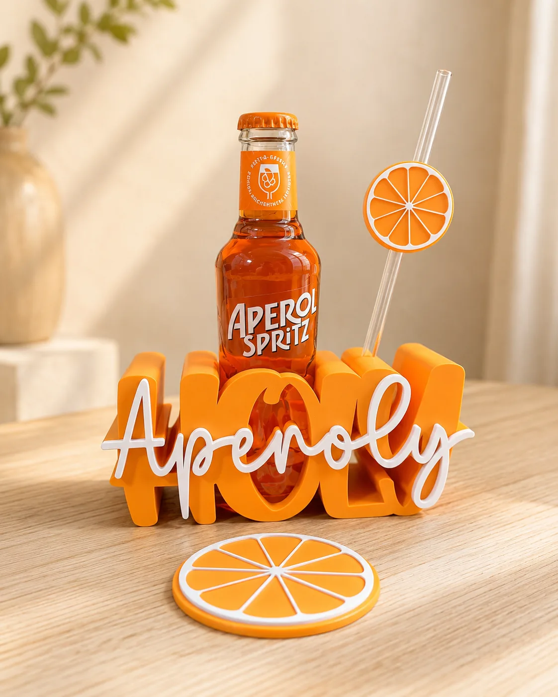Orangefarbener 3D-gedruckter Getränkehalter Holy Aperoly mit Aperol Spritz