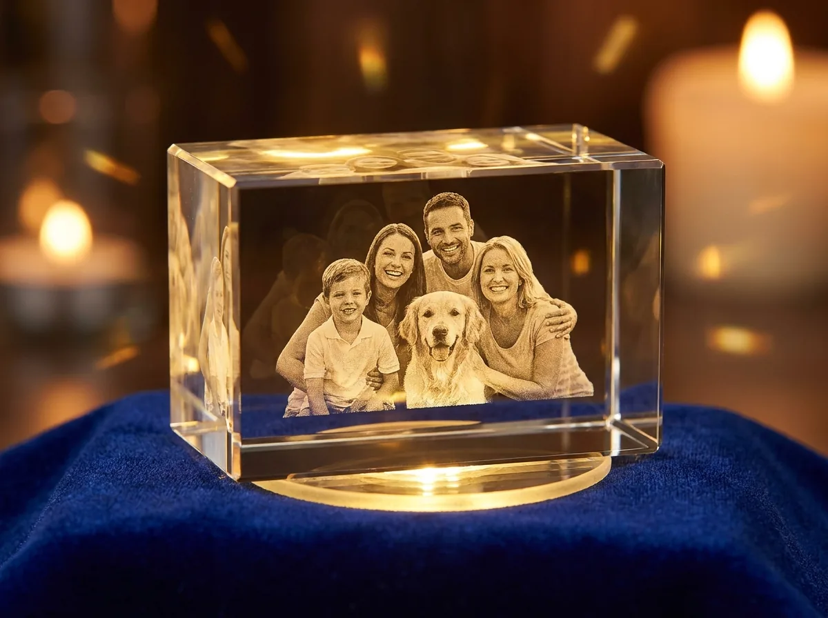 K9-Kristallblock mit 3D-Lasergravur eines Familienportraits von LD Manufaktur