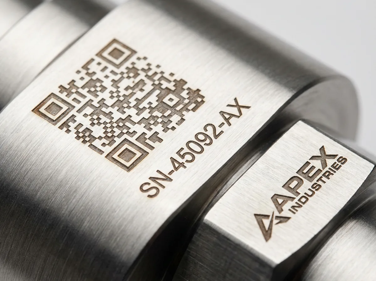 Lasermarkierung mit QR-Code und Seriennummer auf Edelstahl-Produkt von LD Manufaktur