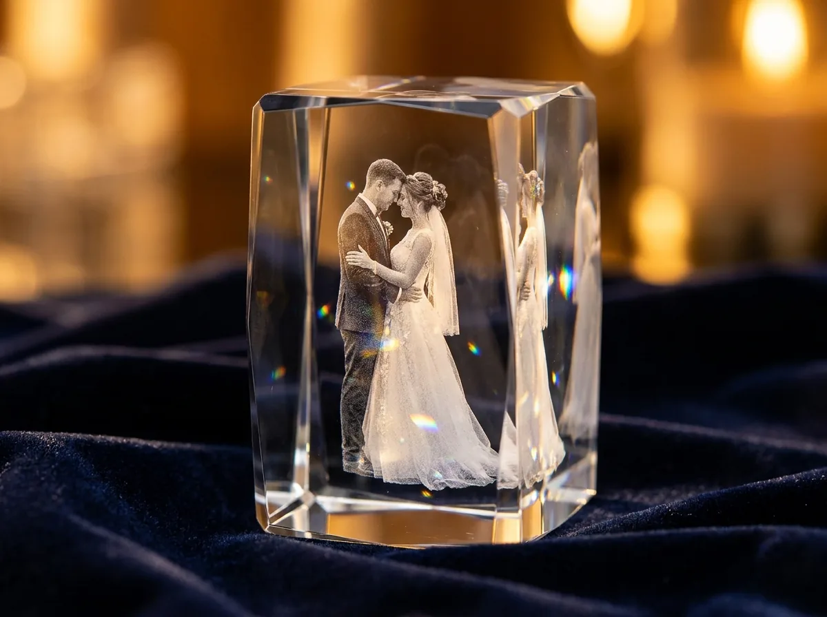 Premium K9-Kristallblock mit 3D-Lasergravur eines Hochzeitsfotos von LD Manufaktur