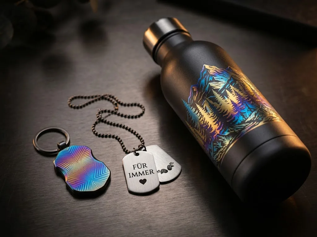 MOPA Faserlaser — farbige Gravur auf Edelstahl-Tumbler
