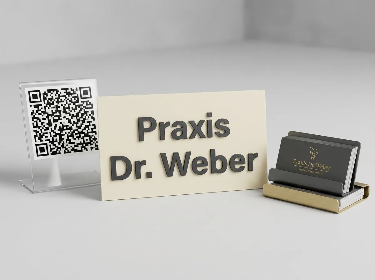 Firmenschild, QR-Code-Aufsteller und Visitenkartenhalter von LD Manufaktur