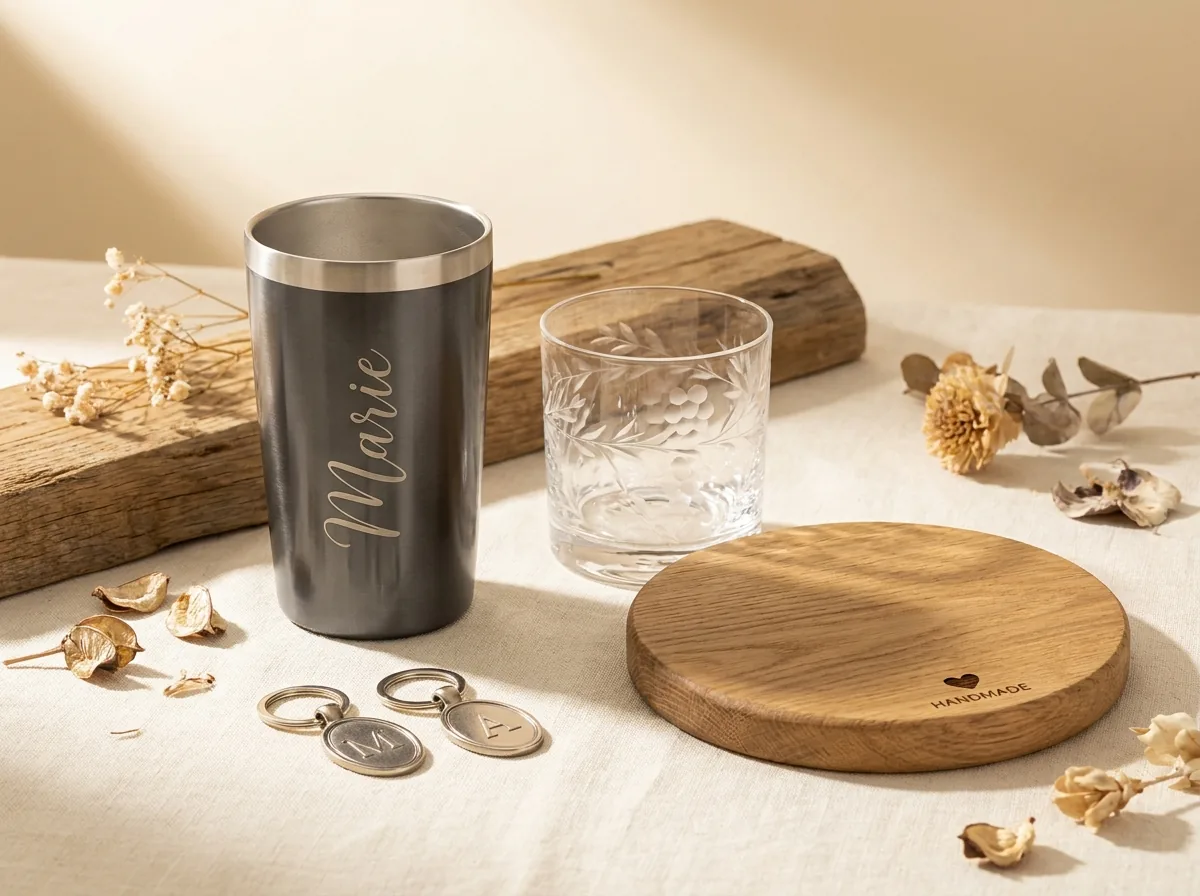 Personalisierte Geschenke: gravierter Tumbler, Gläser und Schlüsselanhänger von LD Manufaktur