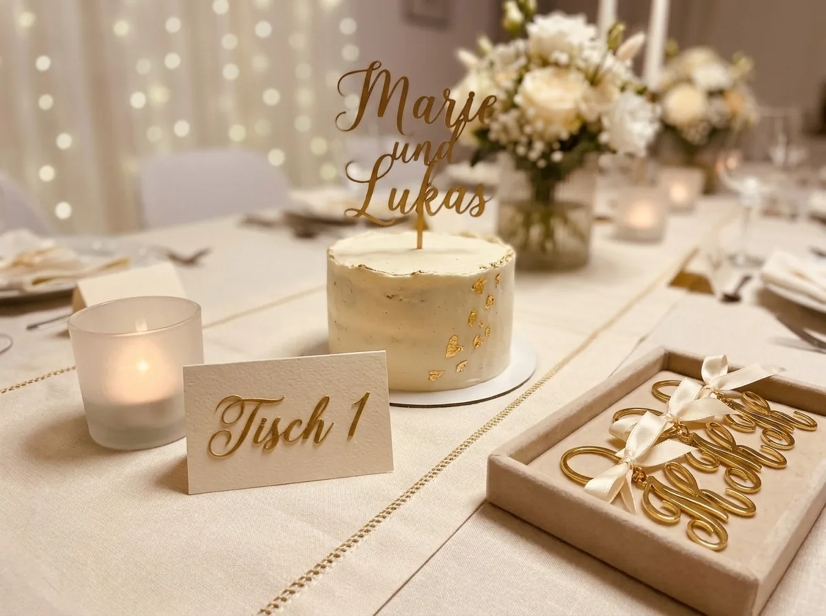 Personalisierte Hochzeitsdeko: Tischkarten, Cake Topper und Teelichter von LD Manufaktur