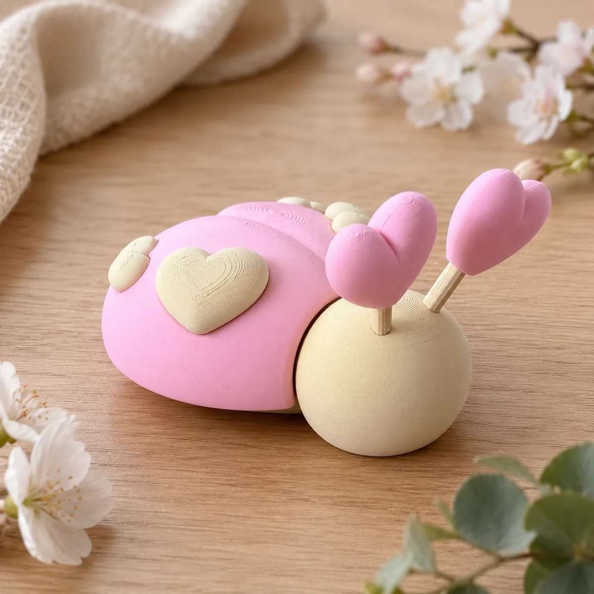 Niedliche 3D-gedruckte Schnecke in Rosa mit Herz-Motiv Nahaufnahme