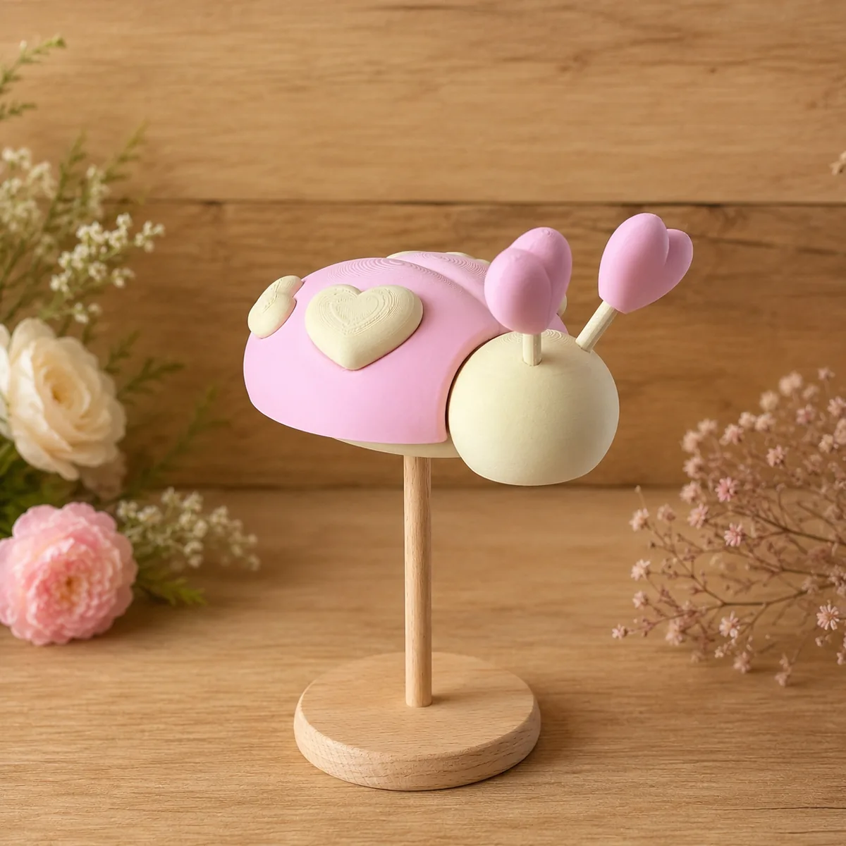 Niedliche 3D-gedruckte Schnecke in Rosa mit Herz-Motiv auf Holzständer