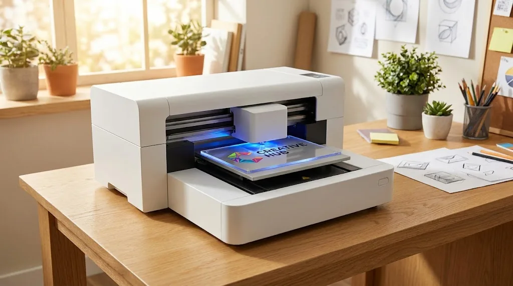 UV-Drucker druckt farbige Grafik auf Acrylschild bei LD Manufaktur
