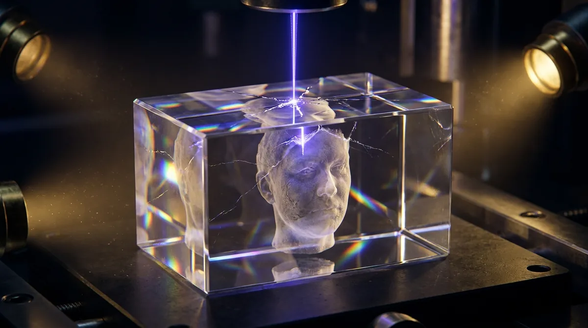 UV-Laser graviert 3D-Portrait in K9-Kristallblock bei LD Manufaktur