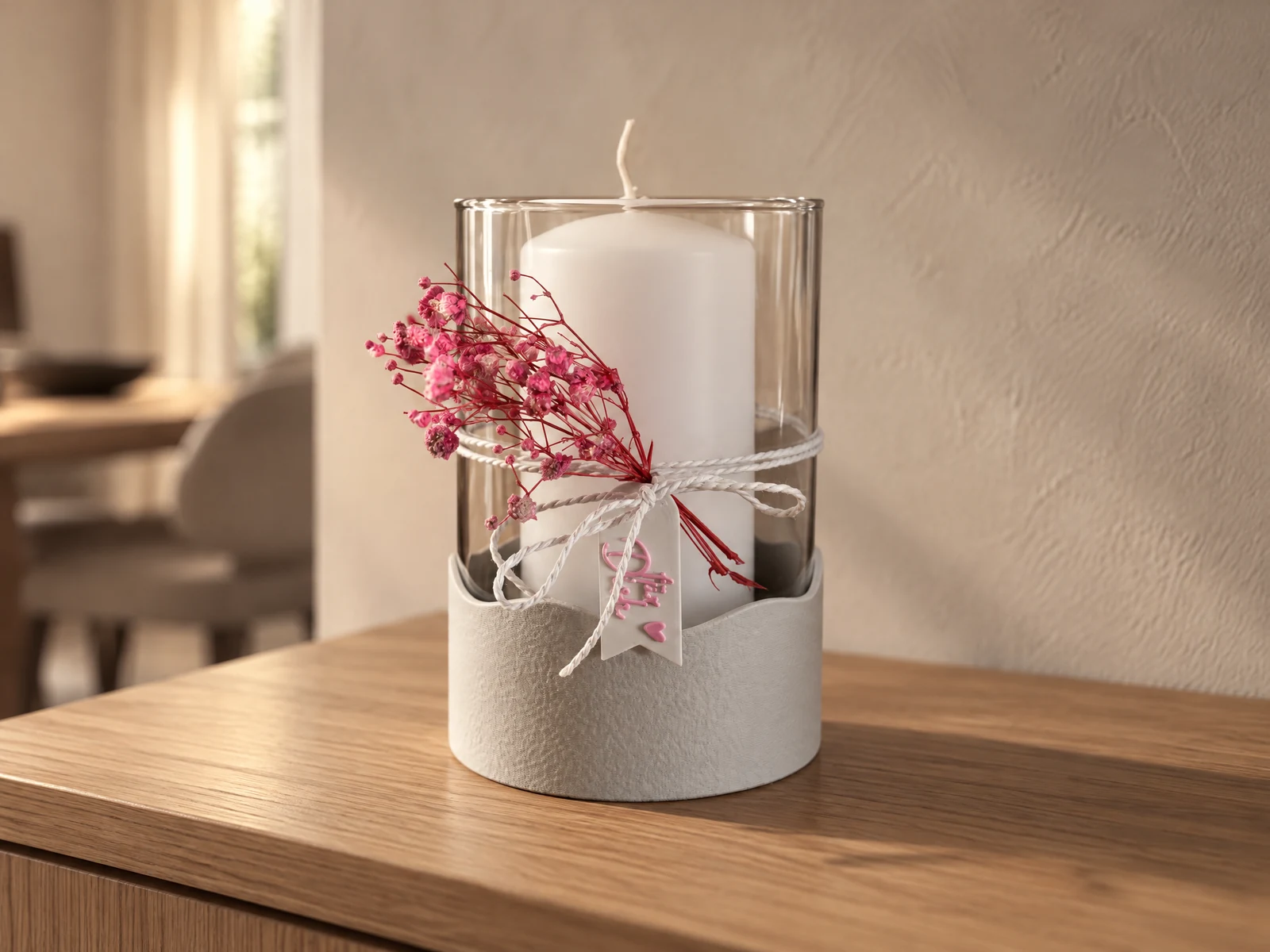 3D-gedruckte Glashülse mit Kerze und Trockenblumen in warmer Wohnraumszene
