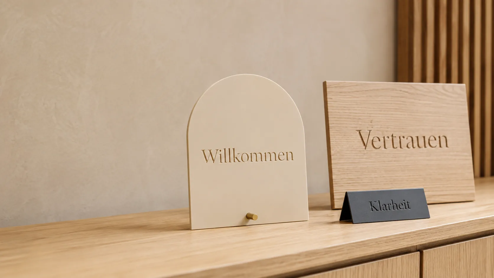 Aufsteller mit Willkommen, Vertrauen und Klarheit