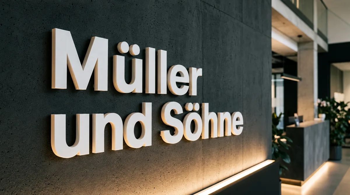 Müller und Söhne als erhabener Schriftzug an einer Empfangswand