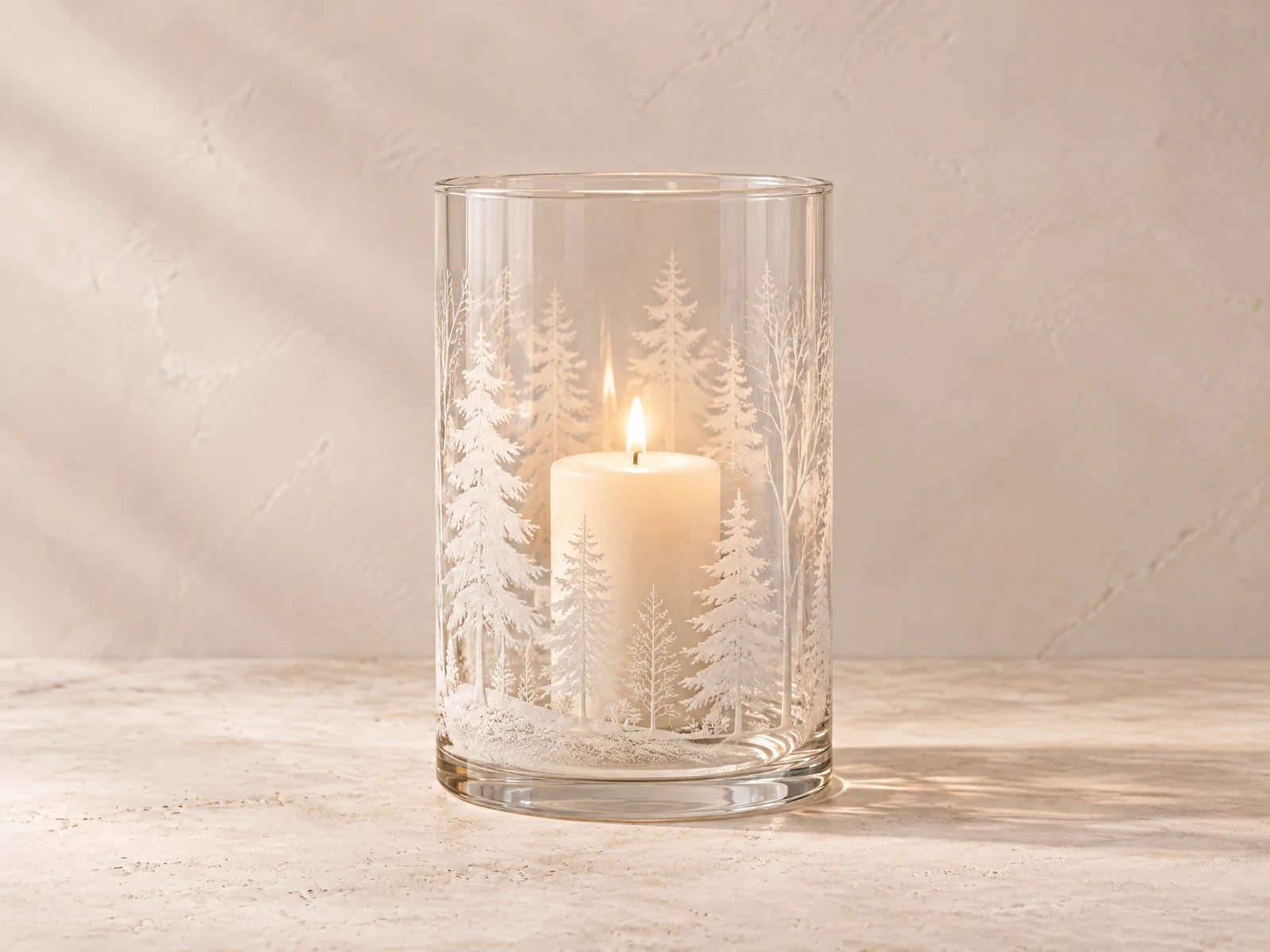 Windlicht aus Glas mit umlaufender Waldgravur