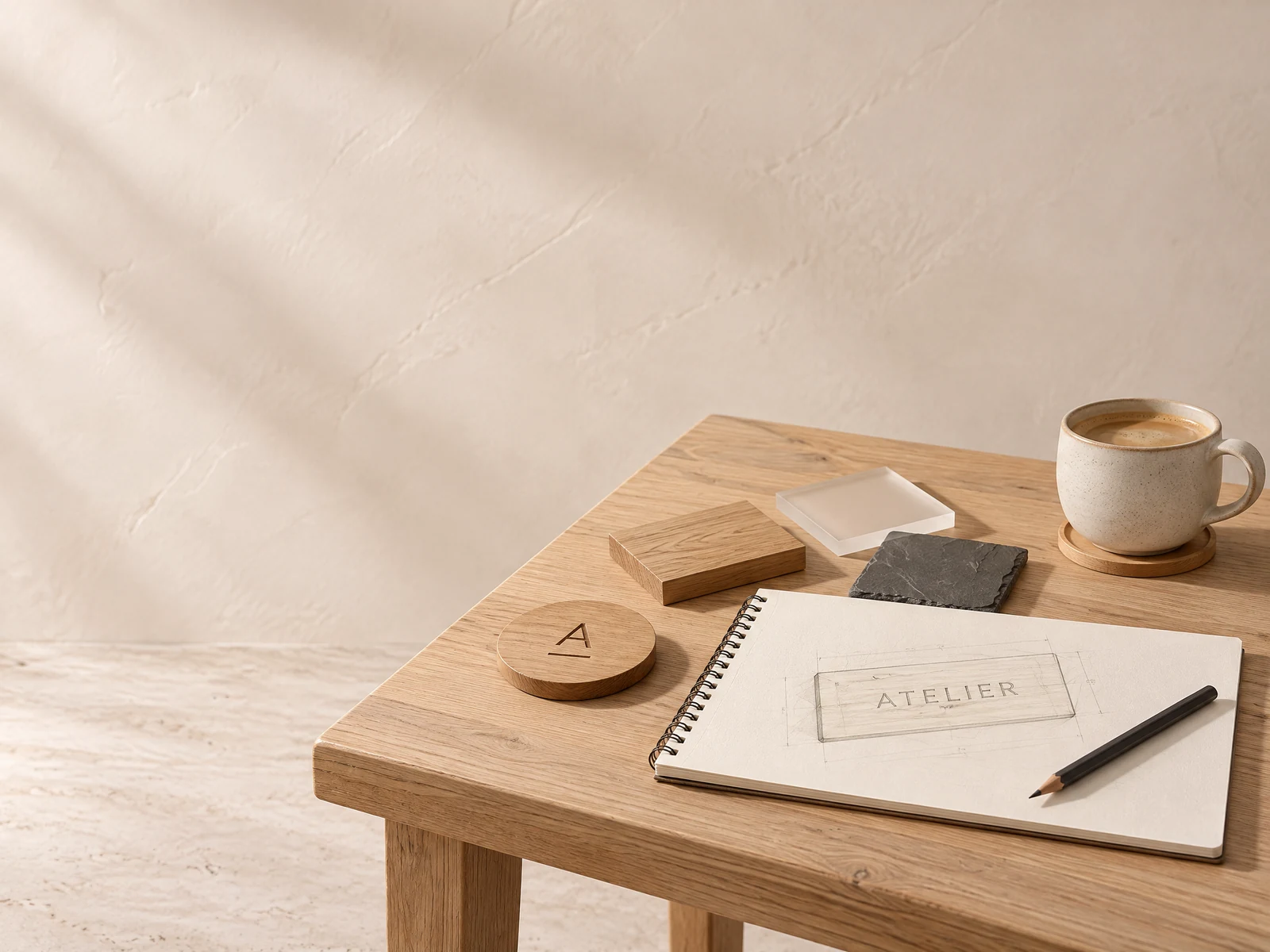 Beratungstisch mit Skizze, Materialproben und einer Tasse Kaffee