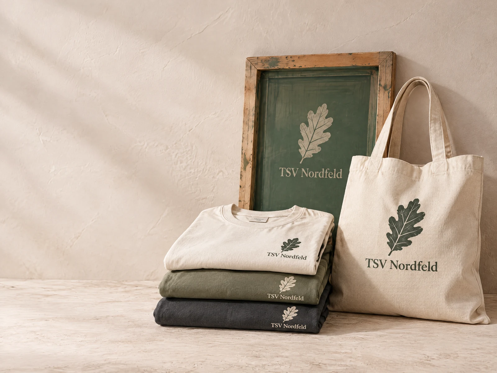 Gefaltete Shirts, Beutel und ein Siebdruckrahmen mit Vereinslogo