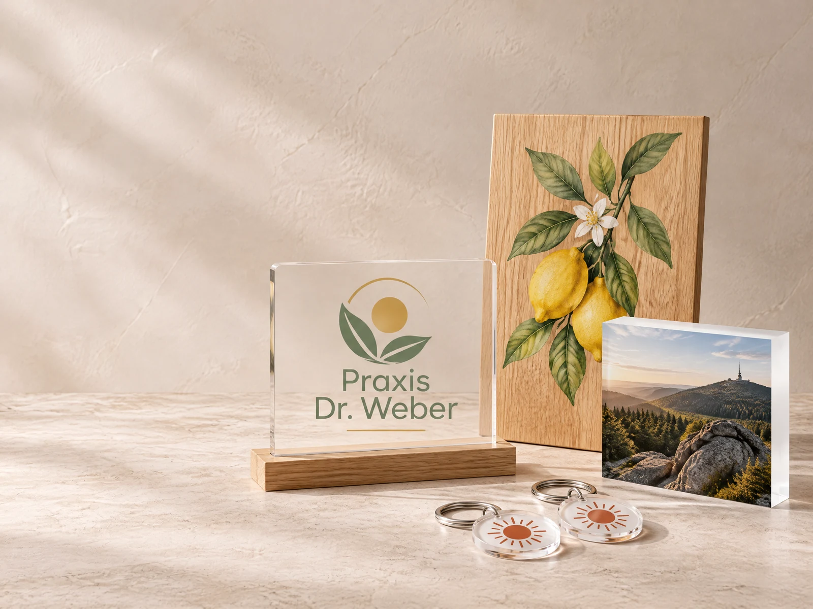 Farbig im UV-Druck veredelte Stücke aus Acryl, Holz und Acrylglas