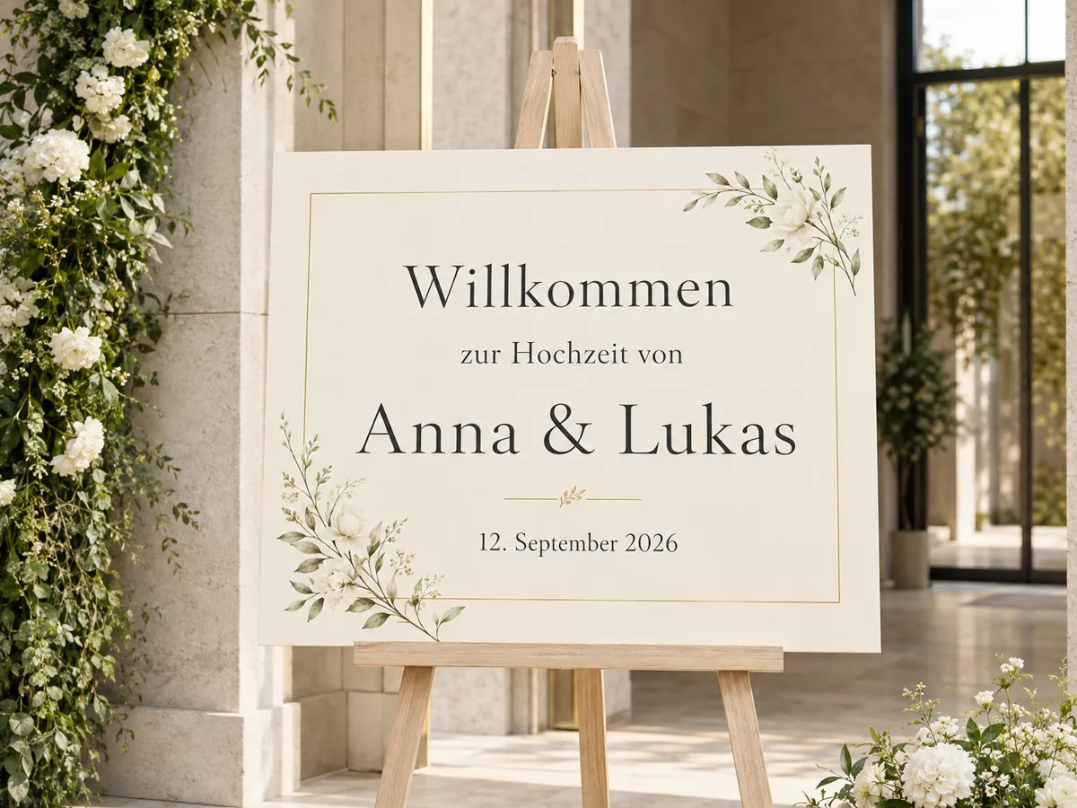Empfangsschild zur Hochzeit von Anna und Lukas am 12. September 2026