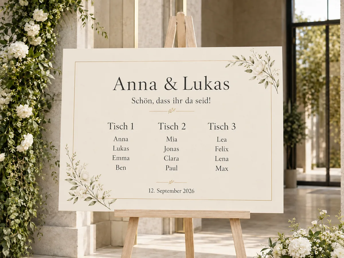 Sitzplan für Anna und Lukas: Mia und Jonas sitzen an Tisch 2