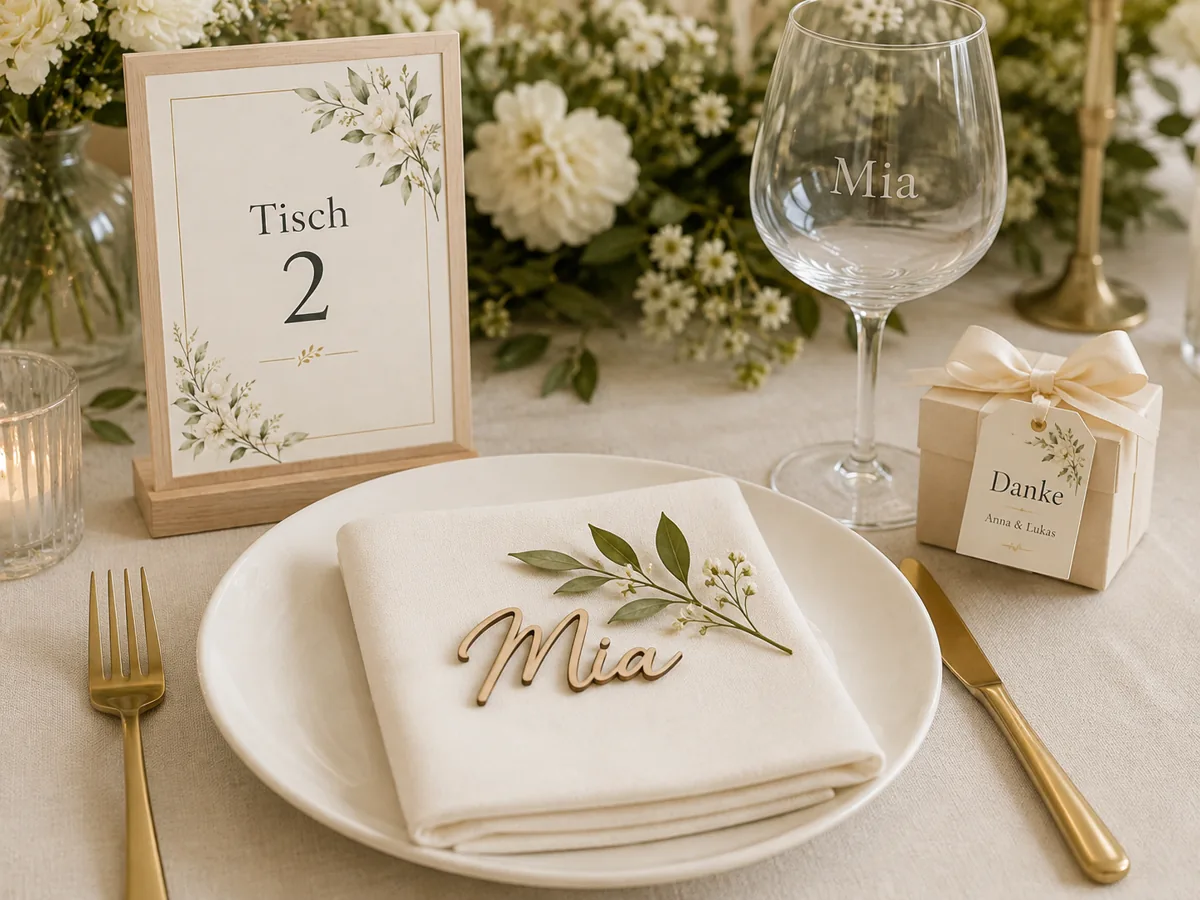 Mias Platz an Tisch 2 mit graviertem Glas, Namensschild und Gastgeschenk