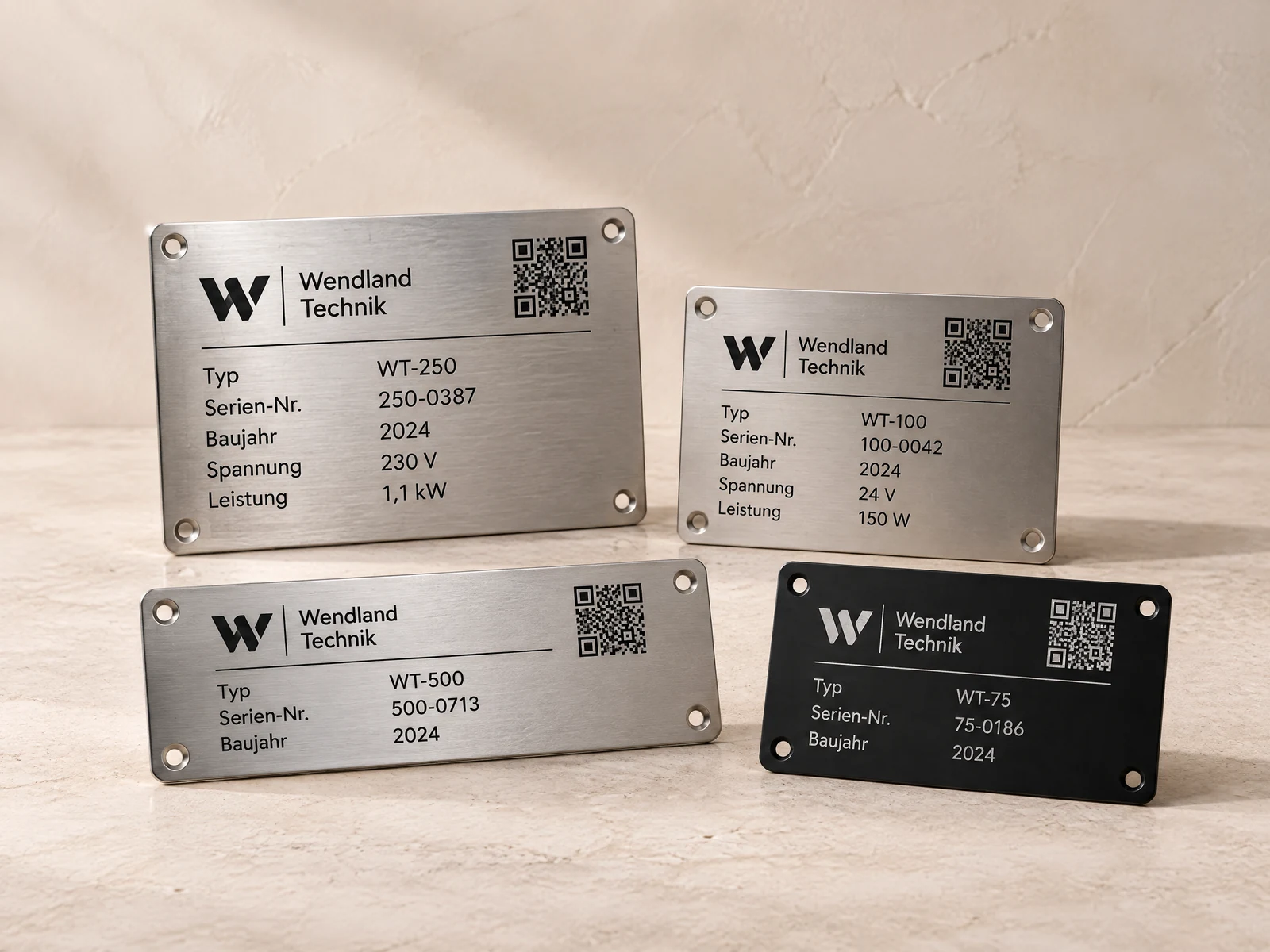 Typenschilder aus Edelstahl und Aluminium mit Lasermarkierung, QR-Code und Seriennummer