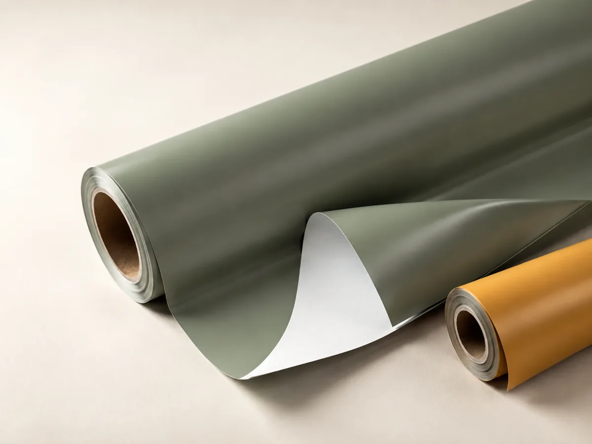 Salbeifarbene und goldene Folienrollen mit Trägerpapier