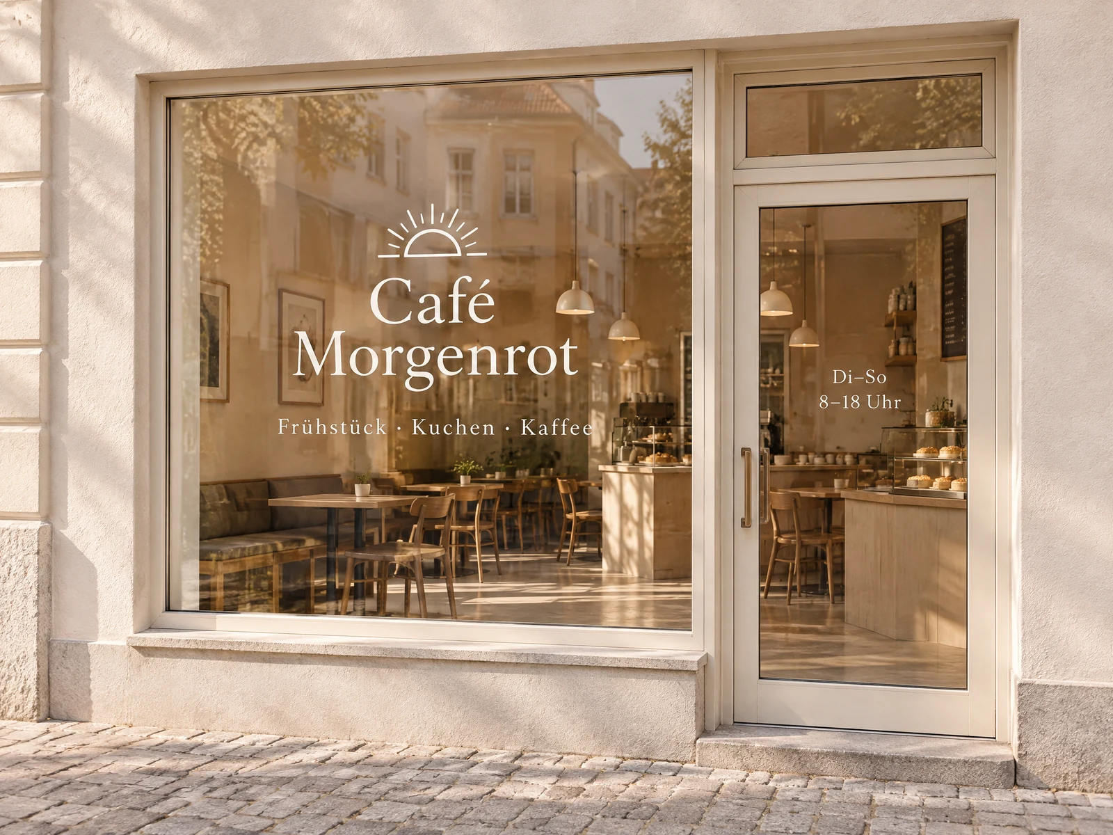 Schaufenster des Café Morgenrot mit weißer Folienbeschriftung