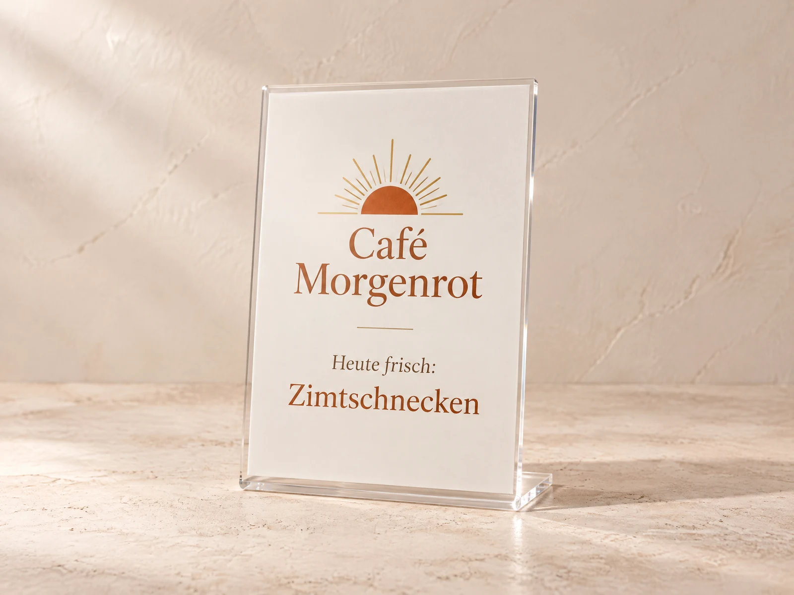 Acryl-Tischaufsteller im UV-Druck mit Logo des Café Morgenrot