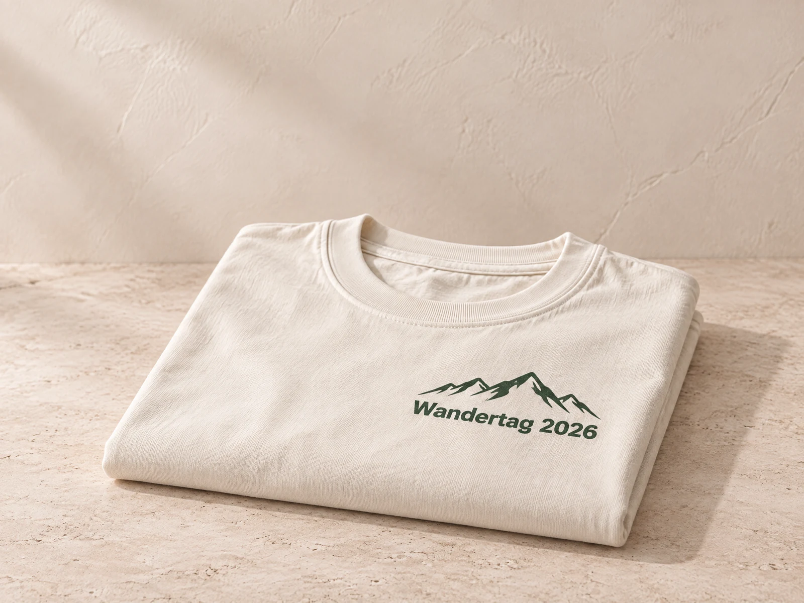 Gefaltetes Shirt mit grünem Siebdruck „Wandertag 2026“