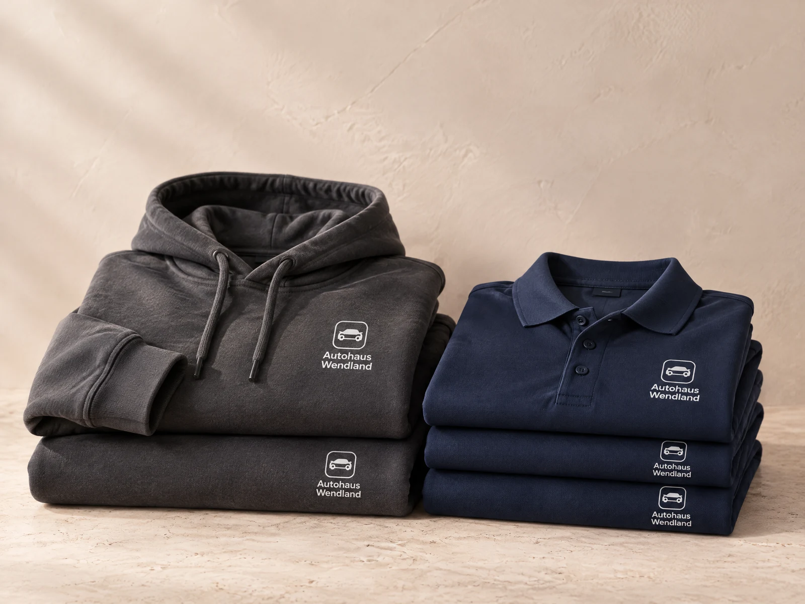 Gestapelte Hoodies und Poloshirts mit Siebdruck-Logo des Autohauses Wendland
