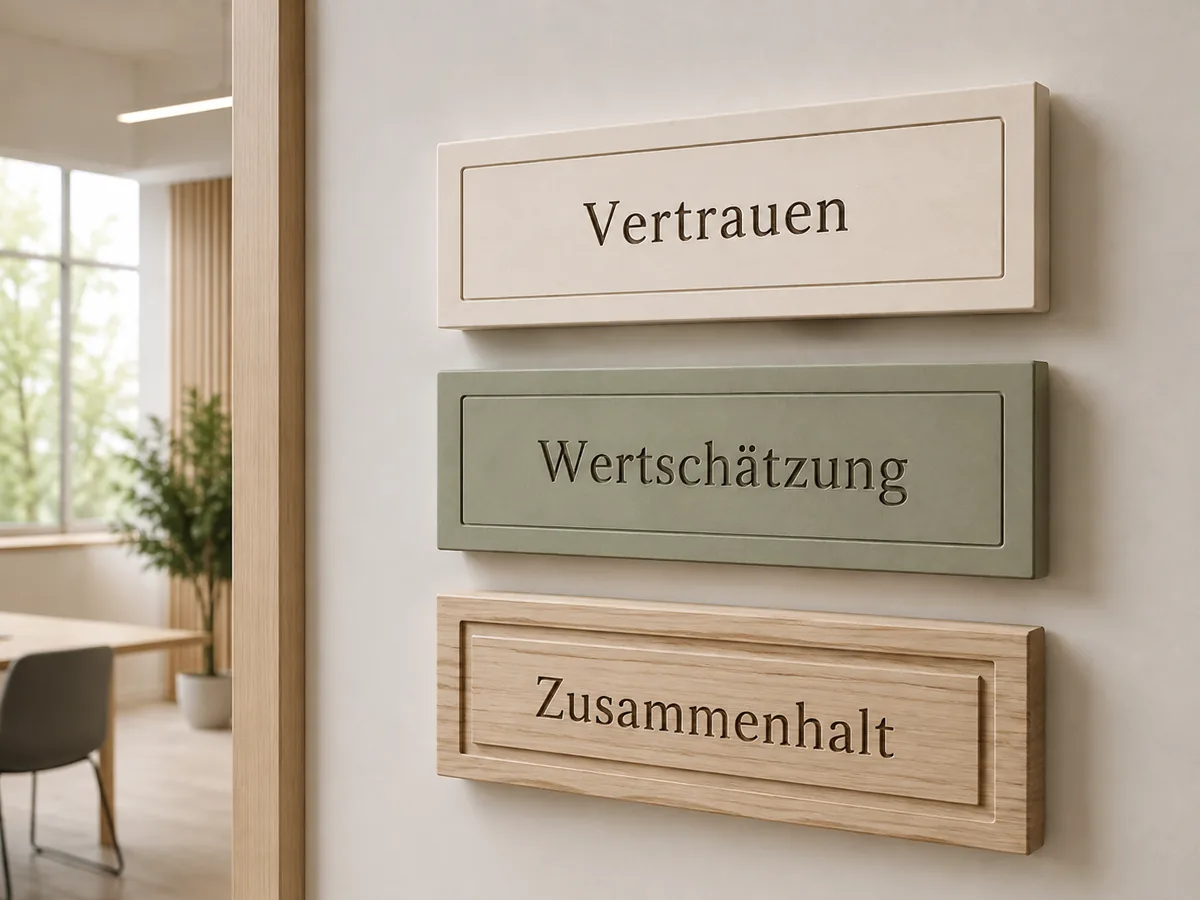 Drei Werteschilder: Vertrauen, Wertschätzung und Zusammenhalt