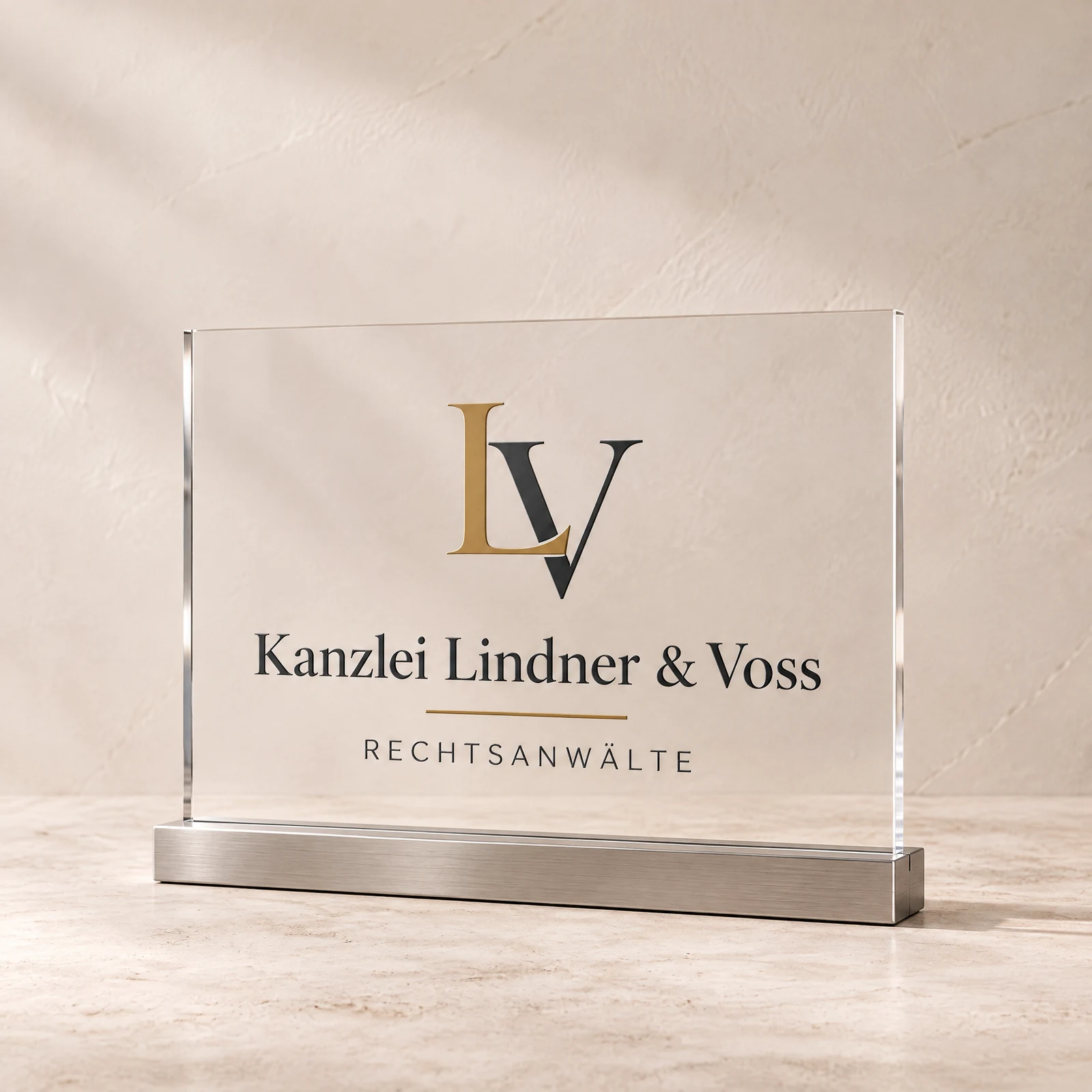 Acrylschild der Kanzlei Lindner & Voss, farbig im UV-Druck