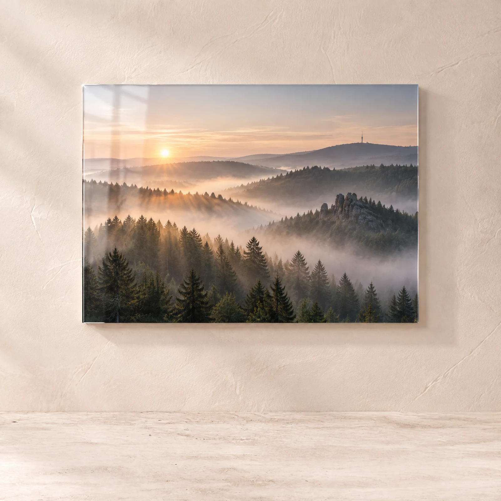Landschaftsfoto im UV-Druck auf Acrylglas an einer hellen Wand