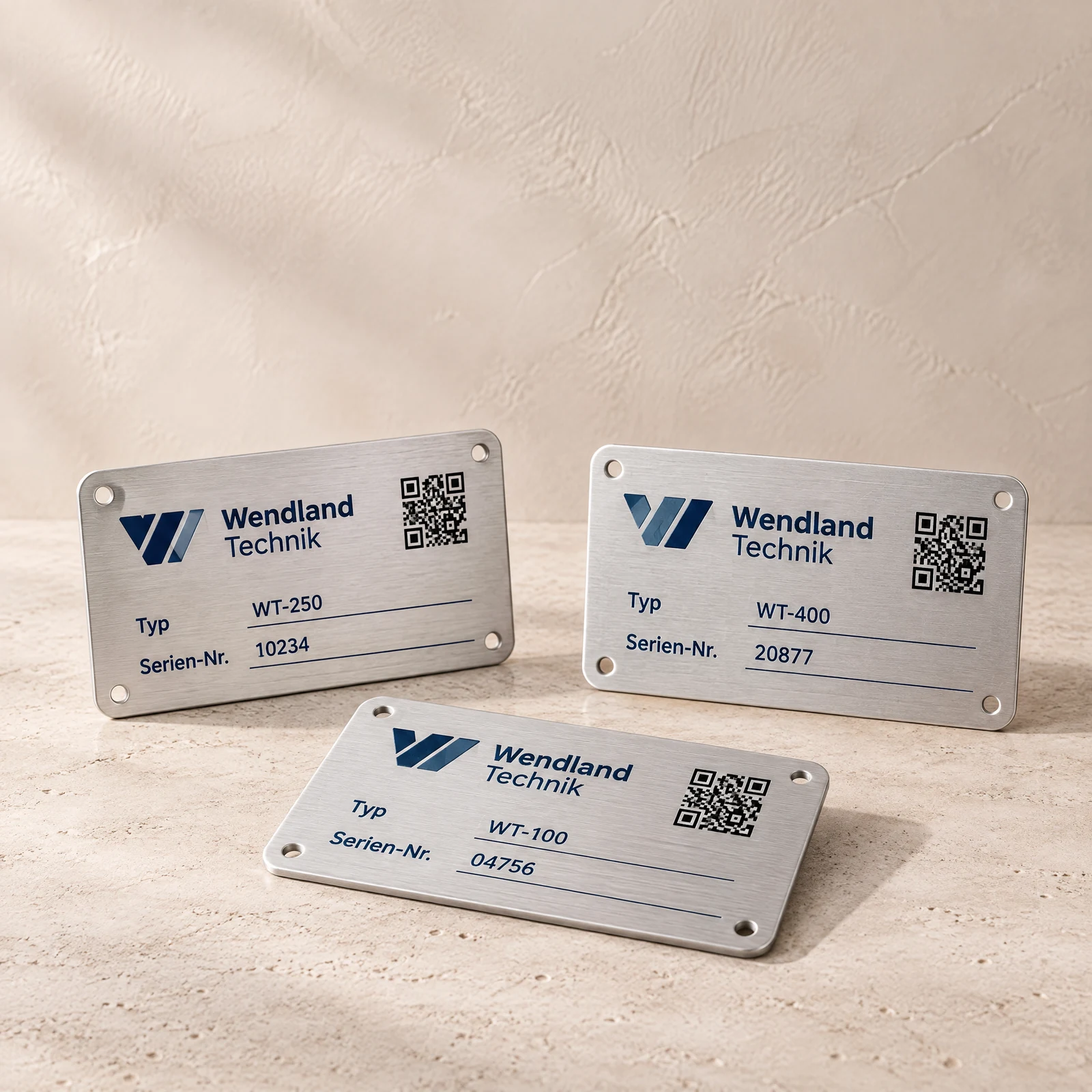 Typenschilder aus Aluminium mit Logo, QR-Code und Seriennummer im UV-Druck