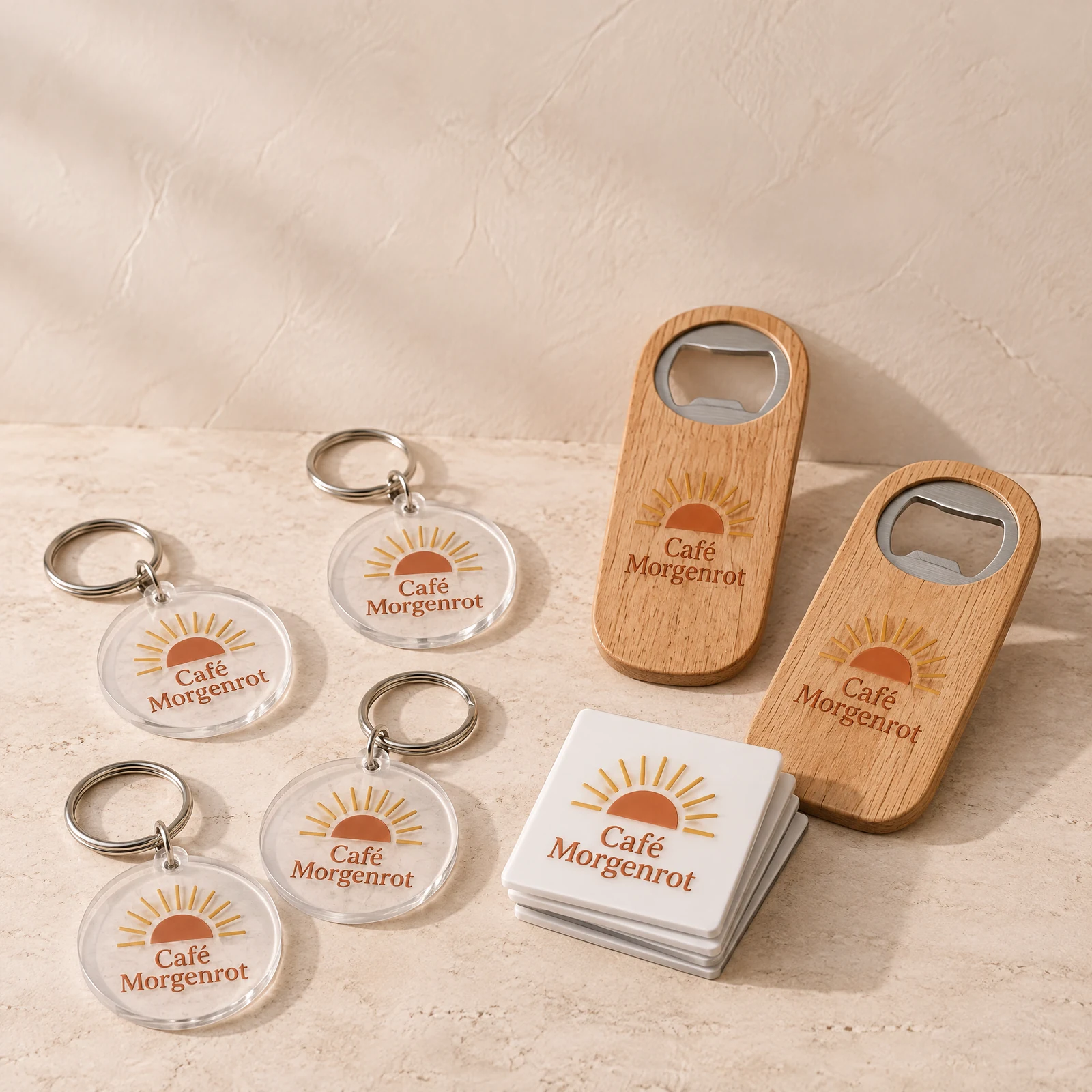 Schlüsselanhänger, Flaschenöffner und Magnete mit Logo des Café Morgenrot im UV-Druck