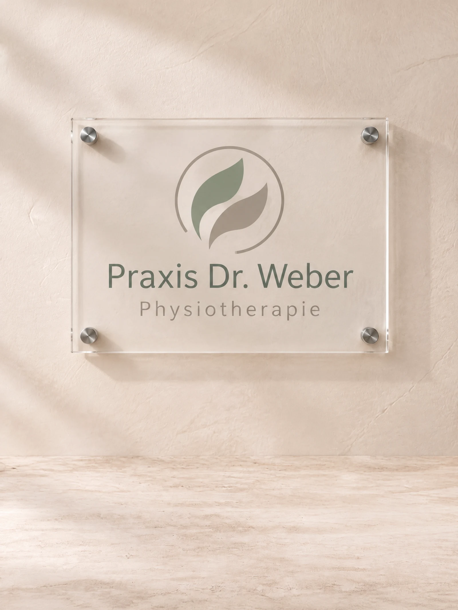 Acrylglasschild der Praxis Dr. Weber, farbig im UV-Druck, mit Wandabstandshaltern