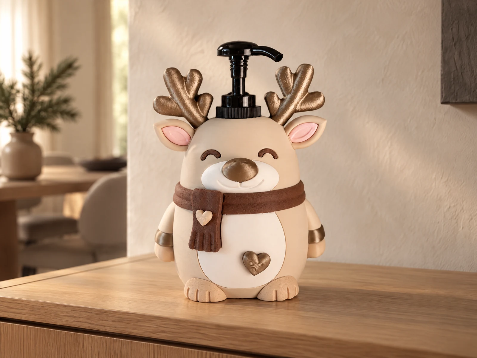 Seifenspender Rentier Sven aus dem 3D-Drucker auf einem Eichen-Sideboard