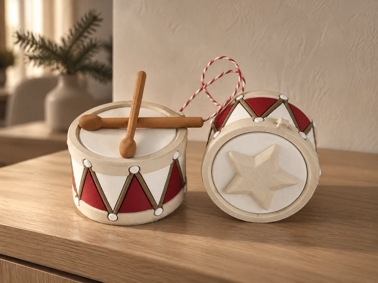 Trommel-Anhänger Weihnachtszauber aus dem 3D-Drucker auf einem Eichen-Sideboard