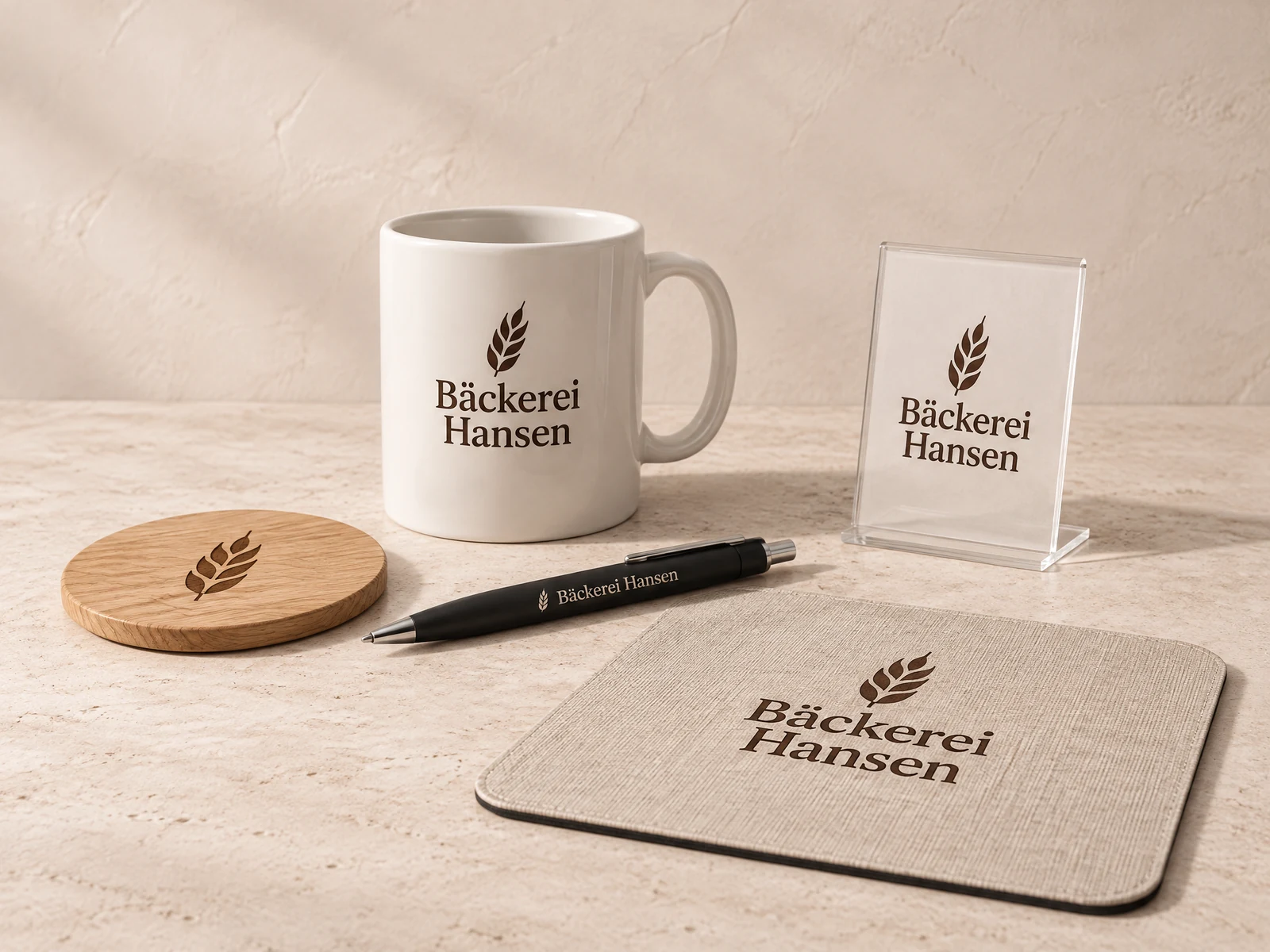 Werbeartikel-Set der Bäckerei Hansen: Tasse, Kugelschreiber, Mauspad, Untersetzer und Aufsteller
